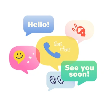 Colorful chat bubbles are floating in the air, each displaying different messages and icons. The chat bubbles come in various shapes and sizes, featuring bright colors such as blue, pink, yellow, and green. One bubble contains the message "Hello!" with a smiley face icon, while another displays "Let's chat!" accompanied by a telephone icon. A third bubble includes "See you soon!" with a waving hand icon. The bubbles are arranged in a dynamic composition, some overlapping slightly, creating a sense of movement and interaction in the scene.
