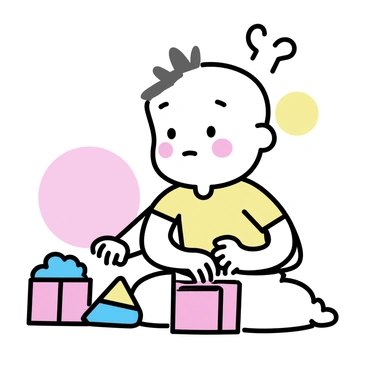 A baby with chubby cheeks has a puzzled expression, with eyebrows raised in curiosity. The baby sits on a soft, light-colored surface, surrounded by a variety of colorful toys. The toy in front of the baby is a bright red block with different shapes, and the baby reaches out with tiny hands to touch it. The background features simple, abstract shapes in soft pastel colors to emphasize the vibrant toys.