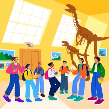 A group of enthusiastic students standing in a museum, looking up in awe at large dinosaur skeletons displayed in front of them. The students are wearing colorful backpacks, and some have notebooks in hand. The dinosaur skeletons are towering above, with intricate details of bones and joints visible. Sunlight filters through large windows, casting warm light on the scene. The walls of the museum feature educational posters about dinosaurs, adding to the excitement of the visit.