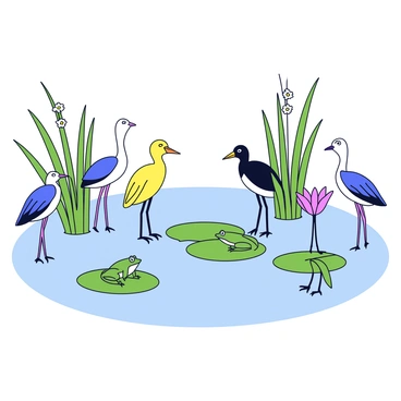 A wetland habitat with shallow water reflecting the sky. In the foreground, several wading birds stand on long legs, their bodies poised and elegant. A green frog is perched on a lily pad, blending in with the surrounding water lilies, which have broad green leaves and delicate white flowers. The background features tall reeds swaying gently in the breeze, adding to the vibrant ecosystem. The scene is captured during daylight, with bright, natural colors.