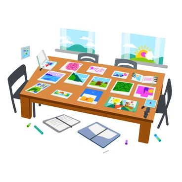 A wooden table covered with a variety of student portfolios showcasing colorful illustrations. Each portfolio is open to display vibrant drawings, including characters, landscapes, and abstract designs. The table is surrounded by a few chairs, and there are art supplies like colored pencils and sketchbooks scattered around. Natural light streams in from a nearby window, highlighting the diverse styles and creativity of the illustrations.