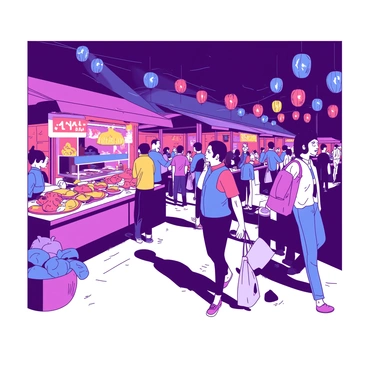 A duotone scene of a vibrant night market bustling with activity. The market is filled with various food stalls, each adorned with bright, colorful lights illuminating the surroundings. Excited shoppers are exploring the stalls, some stopping to admire the food offerings. The atmosphere is lively, with people chatting and laughter echoing through the market. In the background, there are hanging lanterns adding to the festive ambiance, casting interesting shadows on the ground.