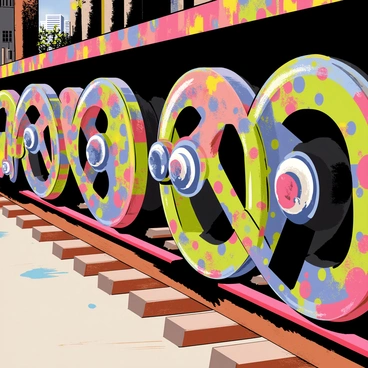 A close-up view of train wheels covered in vibrant graffiti, showcasing a variety of colors, patterns, and artistic designs. The background features an industrial setting, with weathered textures and hints of a cityscape. The wheels are positioned on rusty tracks, emphasizing the contrast between the colorful art and the aged metal surfaces. The scene captures the essence of urban art, with splashes of paint adding a dynamic feel to the otherwise gritty environment.