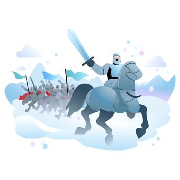 A knight in shining armor is riding a powerful horse, leading a group of warriors charging across a snowy battlefield. The knight is holding a raised sword, gleaming in the light, while the soldiers behind are carrying various weapons and battle flags. Snow is falling gently around them, creating a soft white blanket on the ground. In the background, distant mountains can be seen, partially obscured by swirling snow. The atmosphere is tense, filled with the energy of the imminent clash.