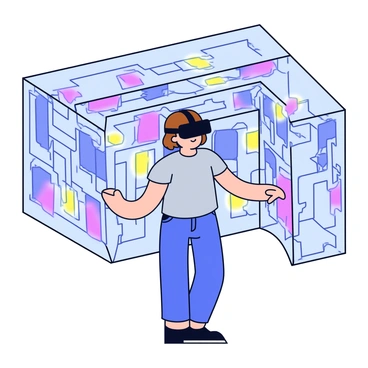 A person wearing black VR goggles is standing in an open space. They have short brown hair and are dressed in a casual gray t-shirt and jeans. The individual's arms are slightly extended as they navigate through a complex virtual reality maze that is visible around them. The maze is constructed from translucent blue walls with intricate patterns, creating a sense of depth and dimension. Bright colored lights intermittently illuminate sections of the maze, enhancing the immersive experience. There is a subtle glow emanating from the maze that contrasts against the person's figure.