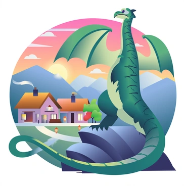 A large drake with emerald green scales is standing tall on a rocky outcrop, overlooking a quaint village nestled in a valley. The drake's wings are slightly spread, showcasing intricate patterns on its feathers, while its sharp eyes are focused on the horizon. The village below features cozy, thatched-roof cottages with smoke curling from their chimneys, and the warm glow of lanterns is just starting to illuminate the streets. The sky is painted with vibrant hues of orange, pink, and purple as the sun sets behind distant mountains, casting a soft light over the scene. A few trees are scattered around the village, their leaves gently rustling in the evening breeze.