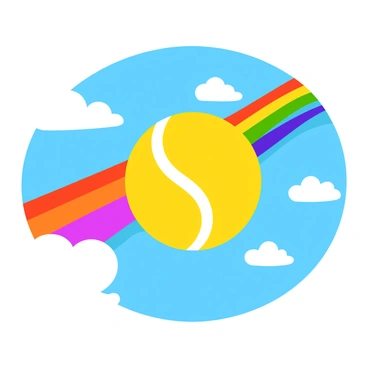 A bright yellow tennis ball is shown soaring through a clear blue sky. Behind the ball, a vibrant rainbow trail stretches, showcasing all the colors in a smooth gradient. The ball is positioned near the top of the image, emphasizing its upward motion. Fluffy white clouds are scattered in the background, adding a playful touch to the scene. The sun's rays can be seen illuminating the tennis ball, enhancing its bright hue.