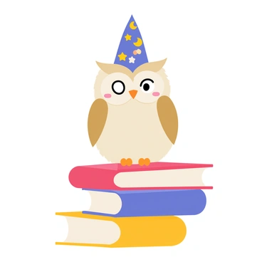 A cute baby owl with big round eyes and fluffy feathers is perched on top of a stack of colorful books. The baby owl is wearing a tiny pointed wizard hat adorned with stars and moons. The books below are various shades of blue, red, and yellow, with some of their pages slightly fanned out. The background features a soft gradient, enhancing the whimsical feel of the scene.