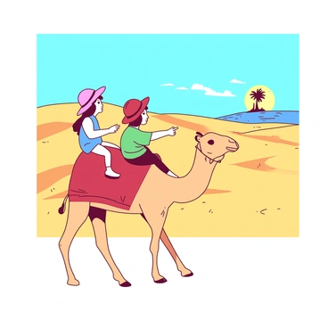 Two children are sitting on a beige camel as it walks through a vast, golden sandy desert. The camel's fur is sunlit, and it has a gentle expression. The children are wearing colorful hats to shield themselves from the sun, and the older child is pointing towards a shimmering mirage in the distance. The mirage reflects a ghostly image of palm trees and water, surrounded by the endless dunes of sand. The sky above is a bright blue, creating a vivid contrast with the warm tones of the desert landscape.