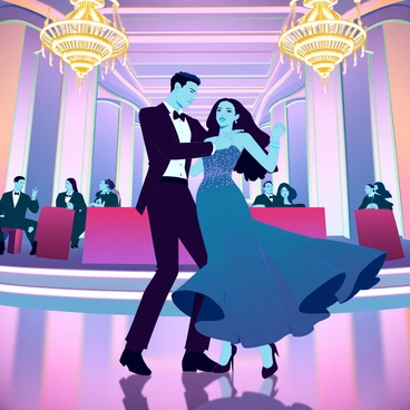 A couple in formal attire is performing a graceful waltz in a grand ballroom. The man wears a classic black tuxedo with a white dress shirt and a black bow tie. The woman is in an elegant, floor-length gown made of flowing silk, adorned with intricate beadwork. They are surrounded by lavish golden chandeliers that illuminate the room with a soft glow. The polished wooden floor reflects their movements as they twirl gracefully. Elegant columns and ornate wall decorations frame the background, enhancing the grandeur of the ballroom. Guests in the background are engaged in conversation and watching the couple dance.