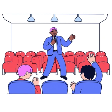 A speaker stands confidently on a small stage in front of a nearly empty auditorium. The auditorium has rows of red seats, and soft overhead lights illuminate the stage area. The speaker is wearing a smart suit and holds a microphone while gesturing expressively. In the front row, a supportive friend is clapping with a big smile, encouraging the speaker. The walls of the auditorium are painted a neutral color, providing a simple backdrop to the scene.