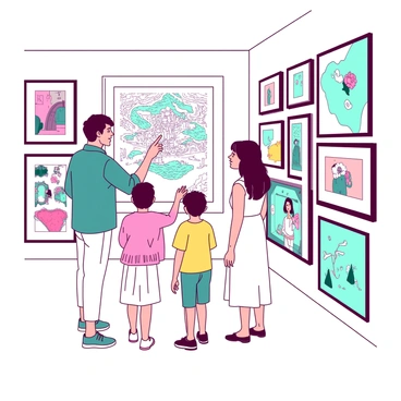 A family of four is standing in front of a large display of illustrations at the V&A Museum. The father, wearing a teal shirt, is pointing to an intricate illustration while the mother, dressed in a white dress, leans in closer to examine the details. Their two children, a boy in a yellow t-shirt and a girl in a pink sweater, are looking up at the illustrations with wide eyes. The walls around them are adorned with various framed artworks, creating an engaging atmosphere for their exploration. The family is positioned in a well-lit gallery filled with the vivid colors of the illustrations.