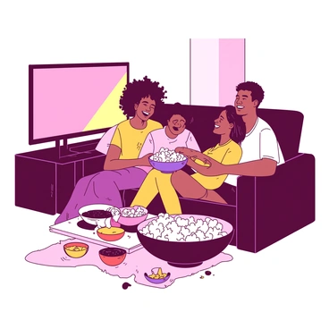 A diverse group of friends is seated comfortably on a large couch in a cozy living room. There is a warm atmosphere created by soft, ambient lighting. Two friends, one with curly hair and the other with straight hair, are sharing a large bowl of white popcorn, with some kernels scattered on the couch. A small table in front of them is filled with various snacks, including colorful treats in bright bowls. A large screen in front of them displays a movie, casting a soft glow on their smiling faces. One friend is laughing, while another is leaning back with a relaxed expression, enjoying the moment.