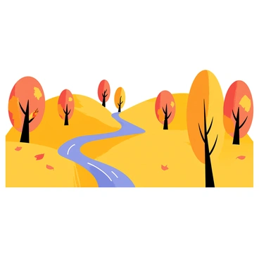 A fall landscape featuring a variety of trees with vibrant leaves in shades of orange and yellow. The trees are scattered across rolling hills, with some leaves gently falling to the ground. A clear blue sky provides a backdrop, and a winding path leads through the scene, inviting exploration. A small stream flows beside the path, reflecting the warm colors of the foliage.