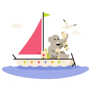 Babar, the elephant, is navigating a small sailboat with a vibrant red sail on a calm sea. He is holding a rolled-up map in one hand, looking intently at it. The water around the boat is a gentle blue, reflecting the clear sky. A white seagull is flying overhead, its wings spread wide as it glides gracefully. The boat is decorated with colorful flags, adding a cheerful touch to the scene. In the distance, a few fluffy white clouds can be seen floating lazily in the sky.