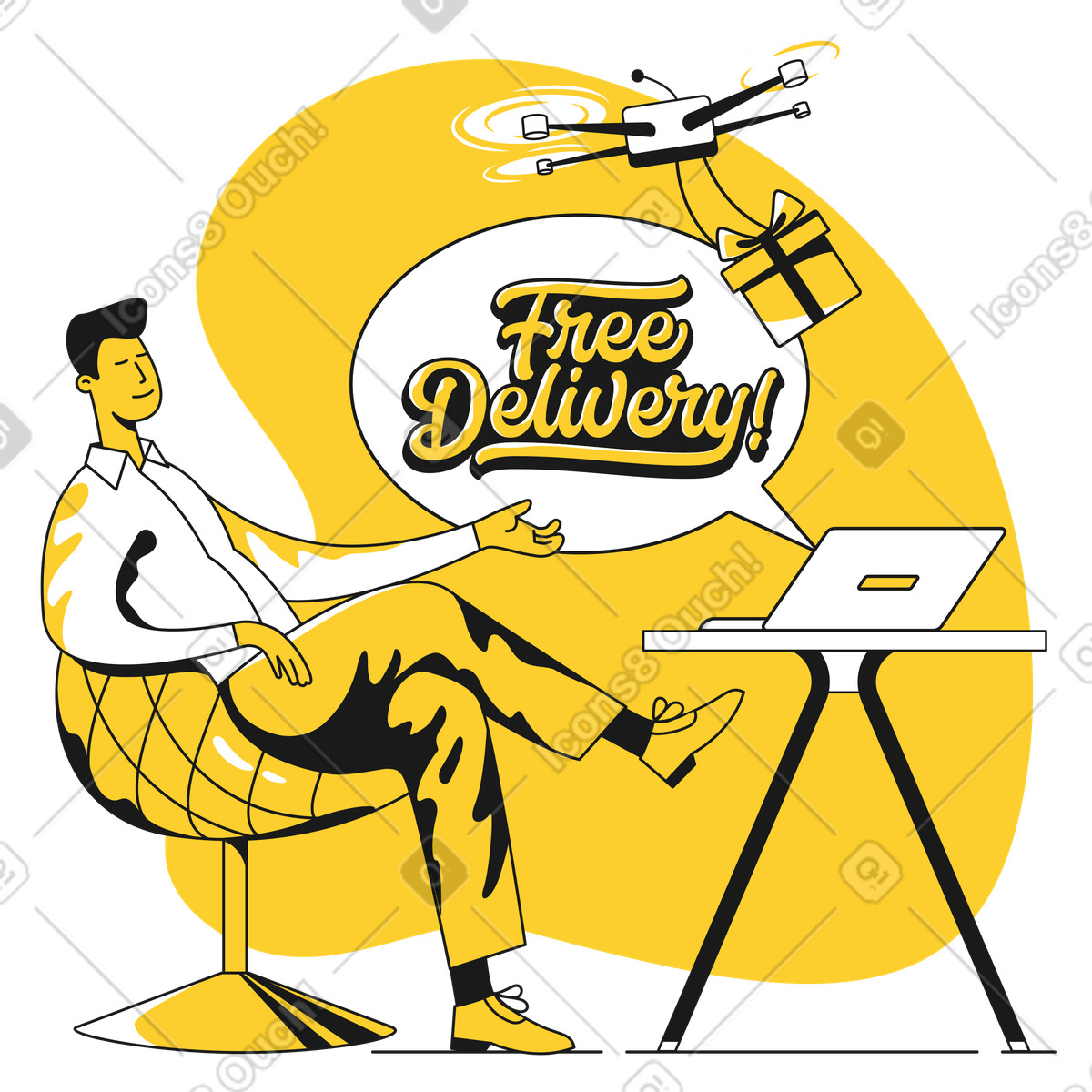 Beschriftung versandkostenfrei! mit mann, der online kauft-Illustration im Taxi-Stil als Download in PNG, SVG