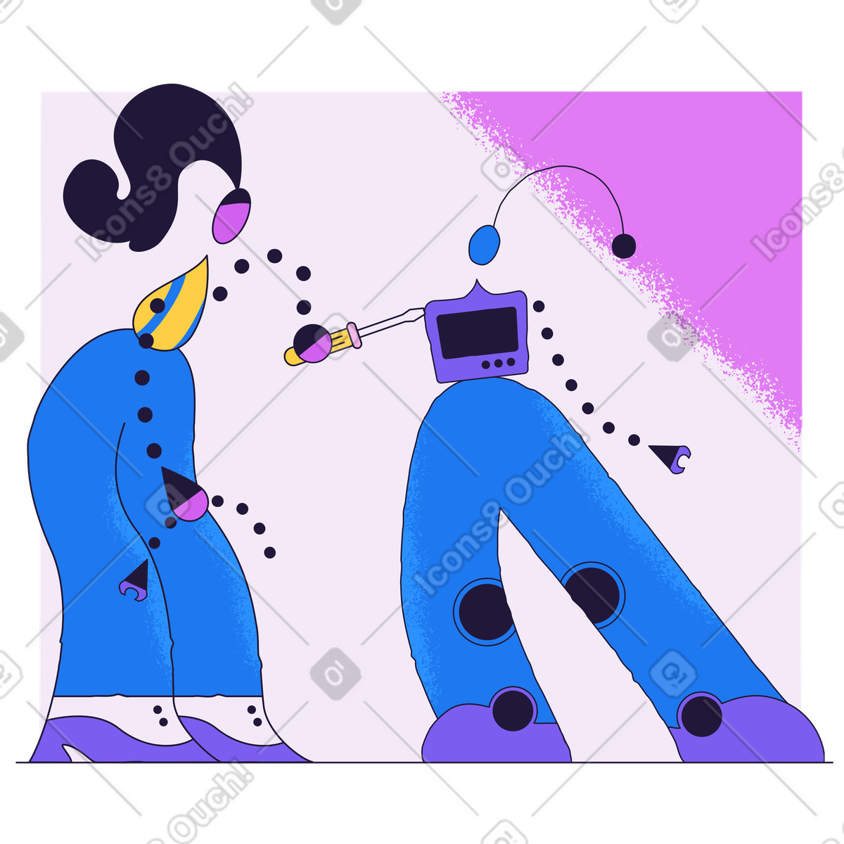 Woman repairing a humanoid robot illustration repair clipart graphics and vector images