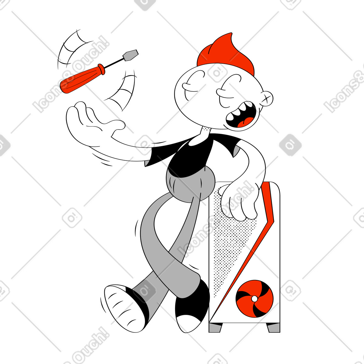 Guy finished assembling white gaming computer and spinning turn-screw illustration in Looney style download in PNG, SVG