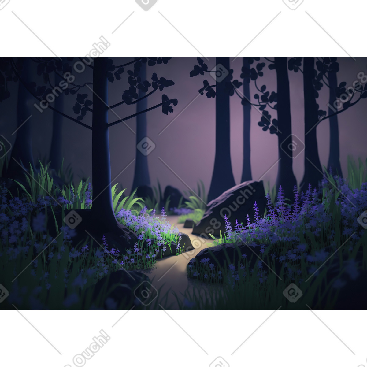 Ilustración Fondo de bosque noche fantasía 3d en estilo Experimental a descargar en PNG y SVG