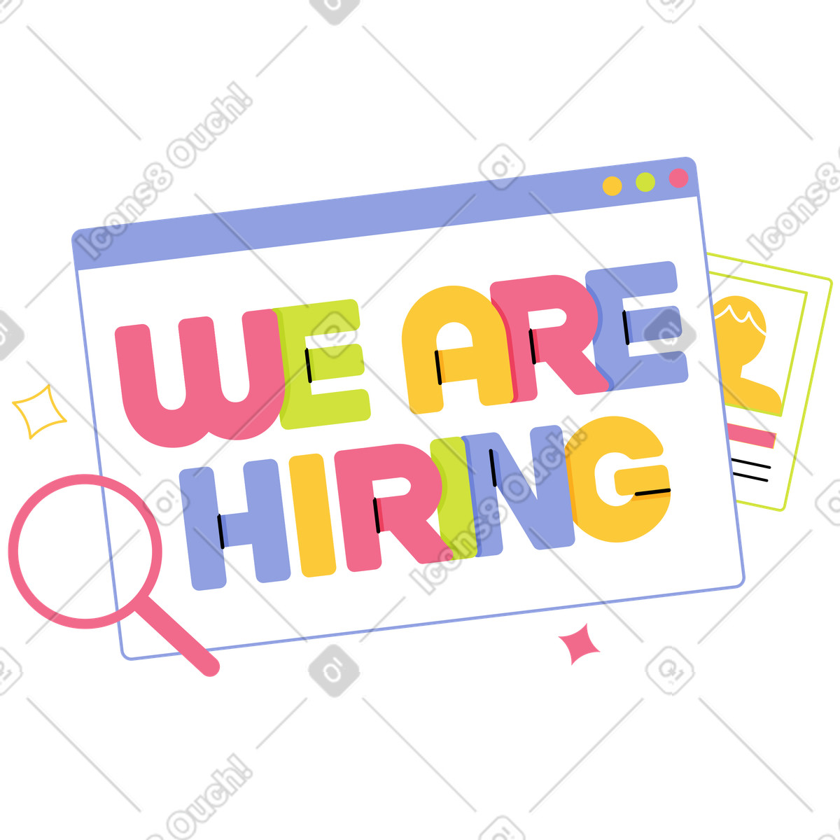 Magnifier and resume with We Are Hiring message, Human resources recruitment ad illustration in Juicy style download in PNG, SVG