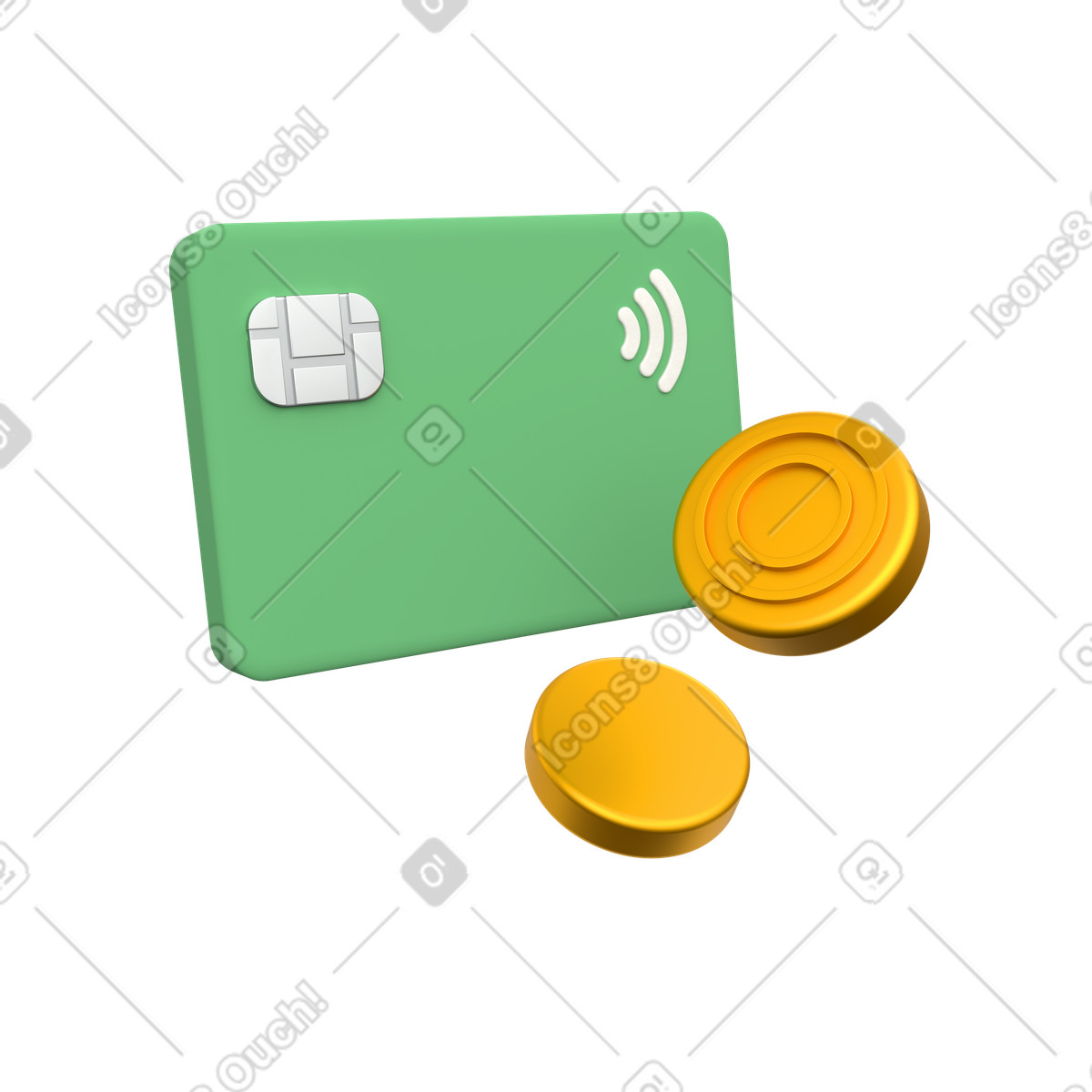 Green contactless card with gold coins, digital payment and currency transaction illustrazione in stile 3D Grid scarica in PNG, SVG