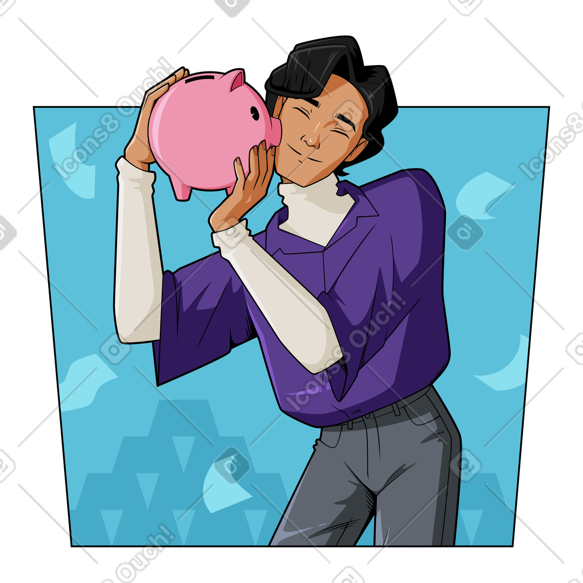 Illustration Hugging piggy bank, Budgeting or money saving dans le style Experimental à télécharger aux formats PNG, SVG