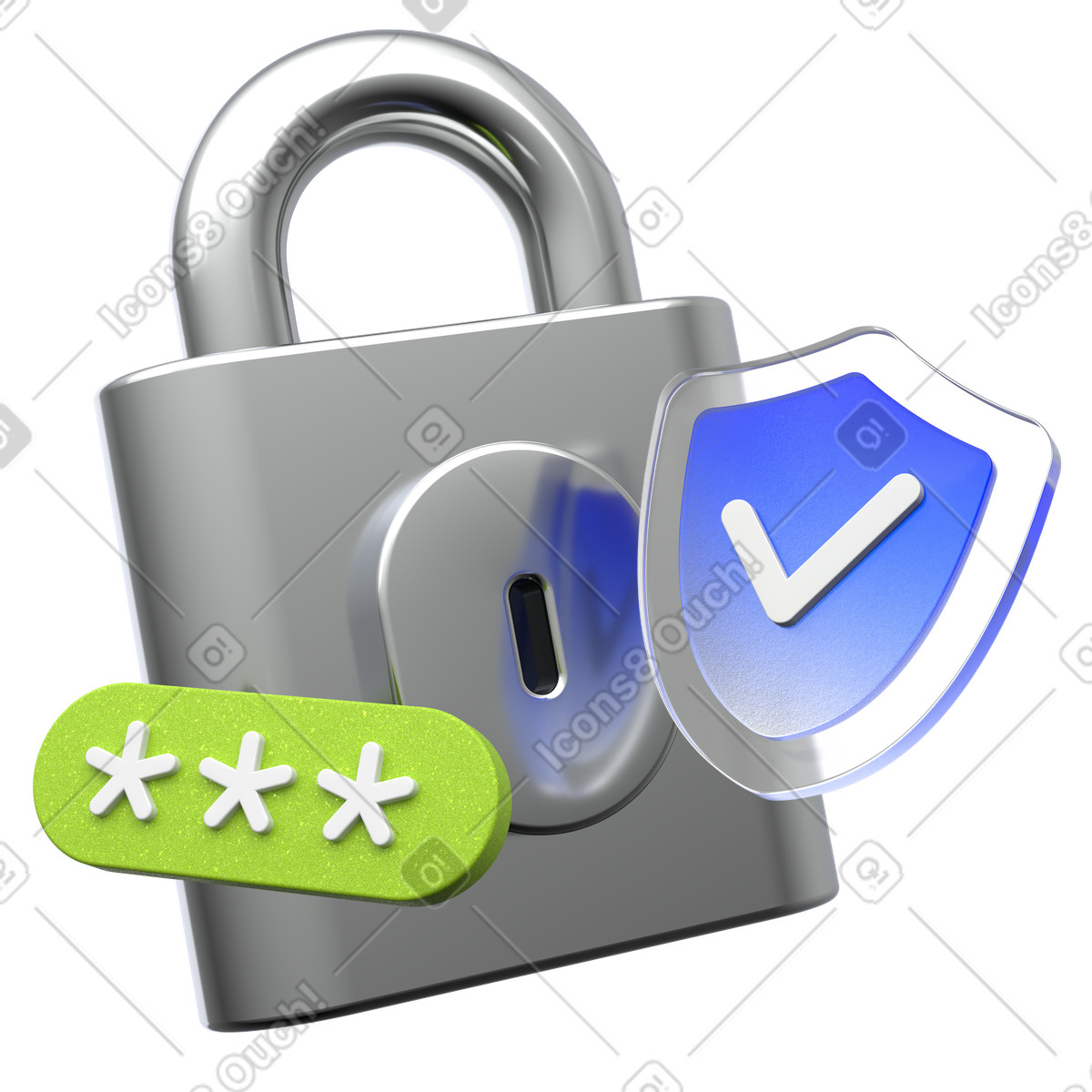 Silver padlock shield, Secure password protection, Verified safety icon illustration in PNG, SVG