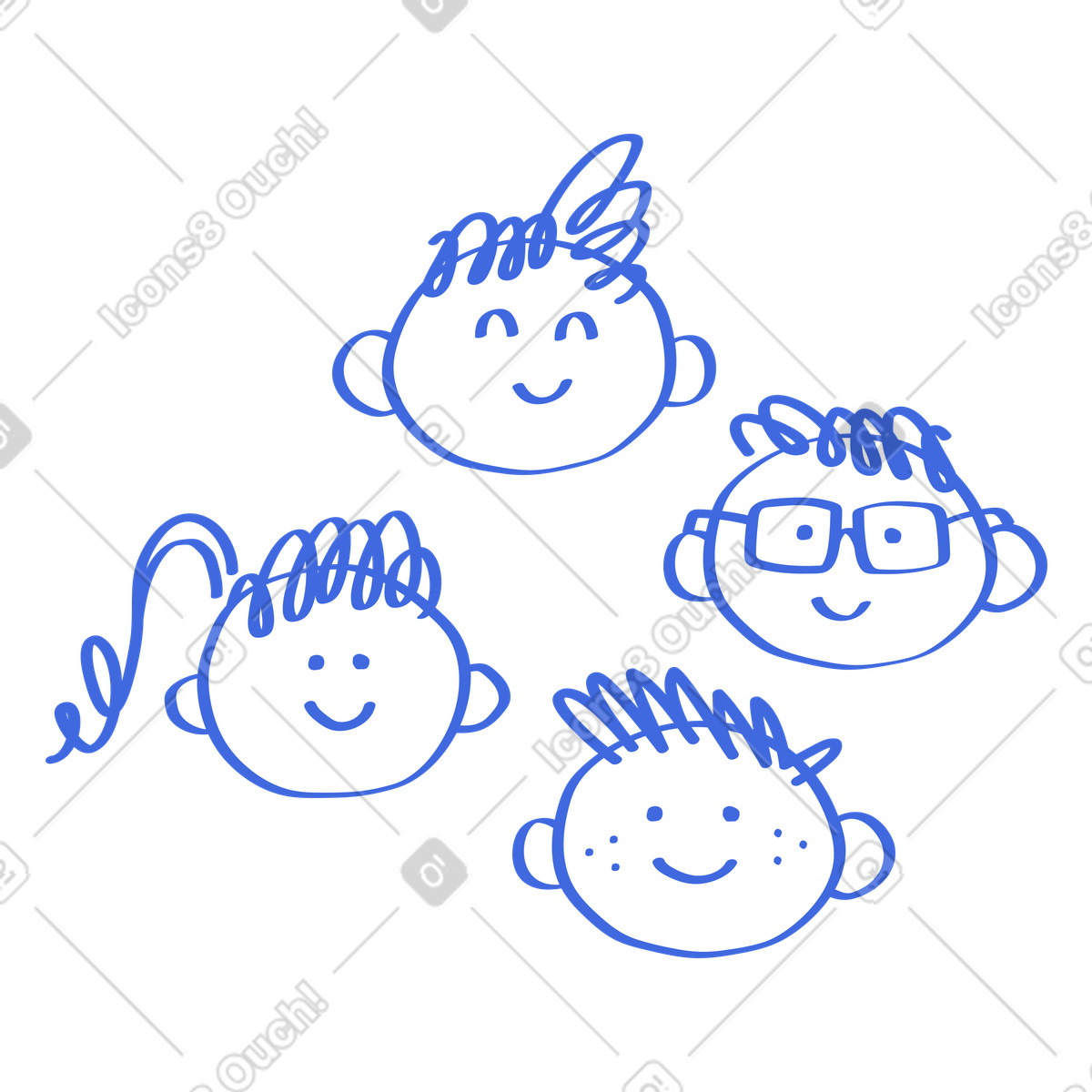 Kids doodle faces with different hairstyles and happy smiling expressions-Illustration im Ballpoint Pen-Stil als Download in PNG, SVG