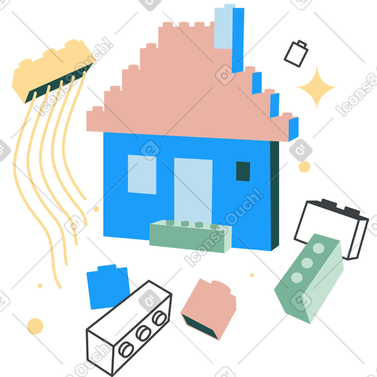 Assembled house with scattered toy bricks, Learning through building activities illustrazione in stile Kiddo scarica in PNG, SVG