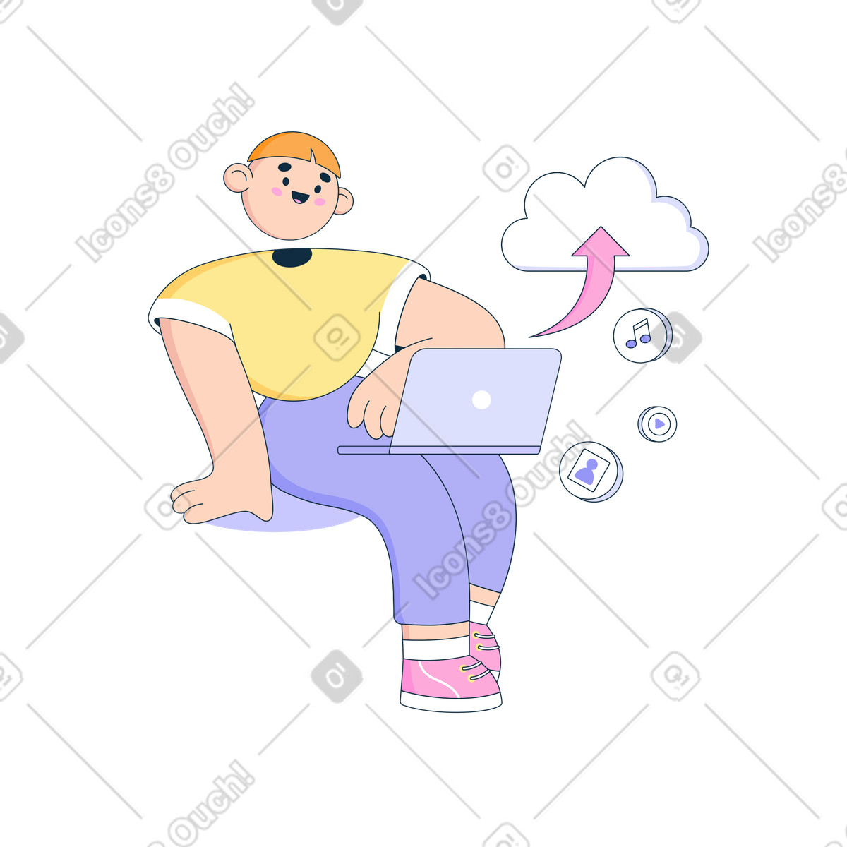 Uomo con laptop che carica file sul cloud illustrazione in stile Bubble gum scarica in PNG, SVG