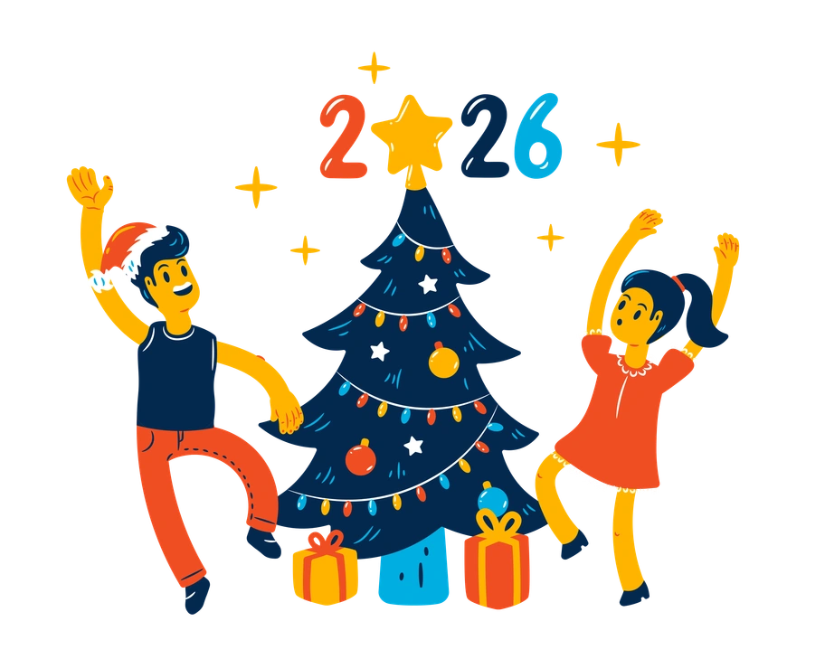 Two cheerful characters celebrating around a Christmas tree - Flame style illustration