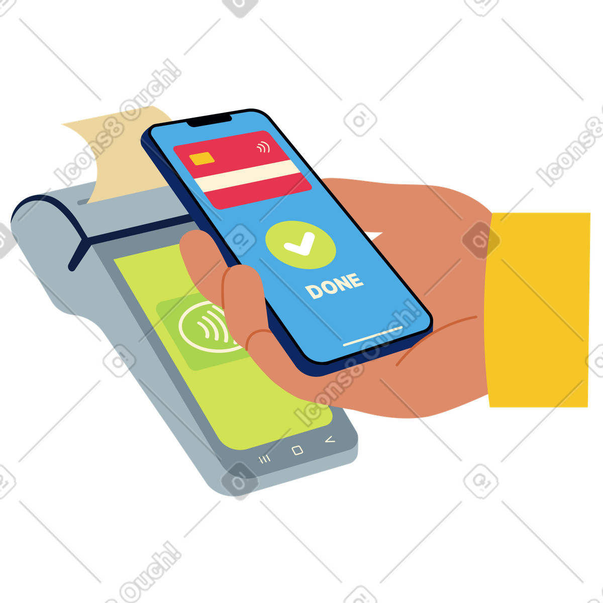 POS terminal payment via mobile phone illustration in PNG, SVG