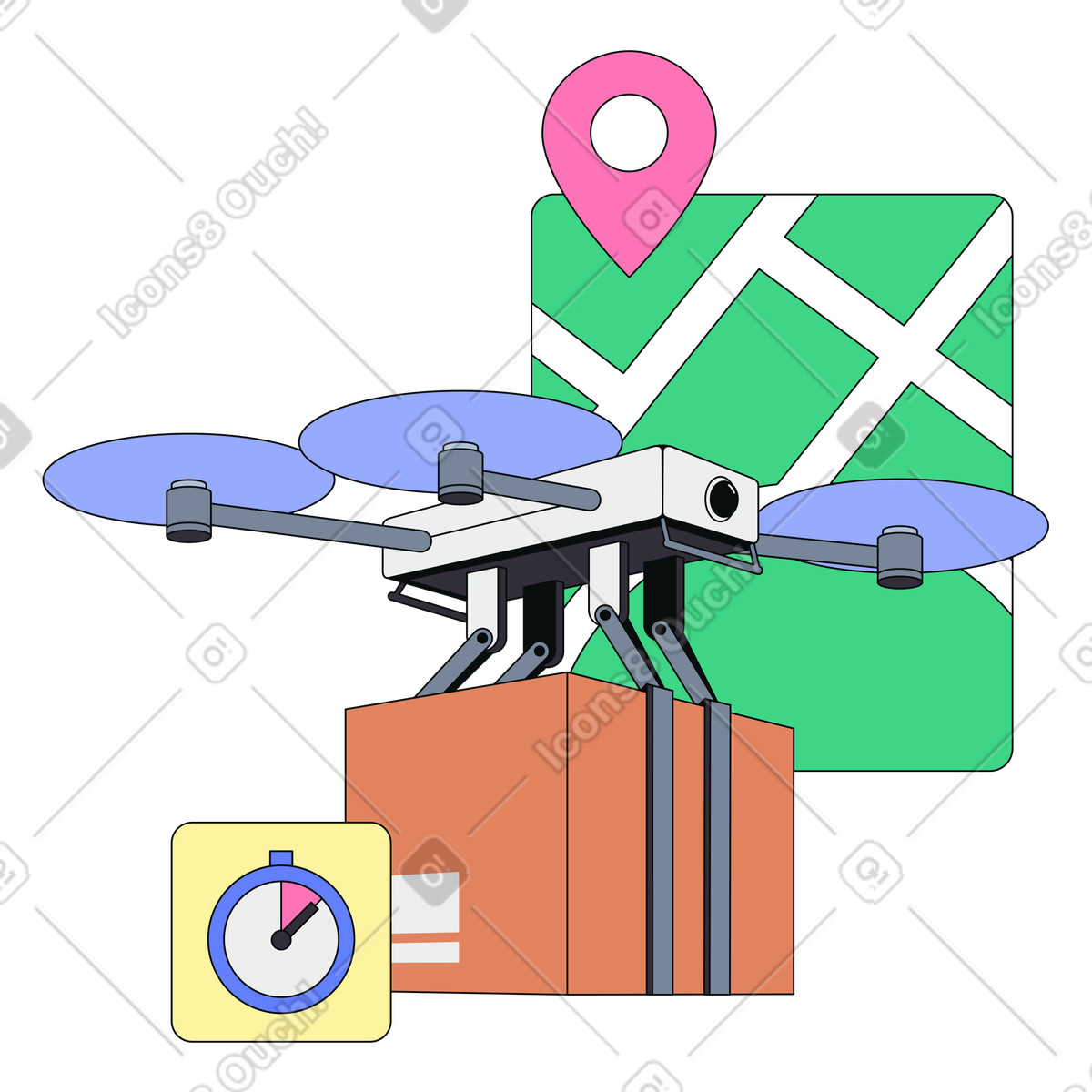 AI-powered logistics and real-time location, Smart parcel delivery using drones, Autonomous z delivery illustration in Teko style download in PNG, SVG