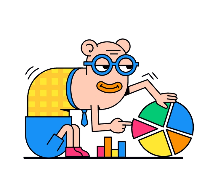 A cartoon character analyzing a colorful pie chart - Droll style illustration