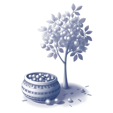 A basket filled with freshly picked coffee cherries resting under a coffee tree