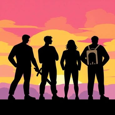 Silhouettes of the main characters standing boldly against a vibrant sunset backdrop. The sky is filled with hues of orange, pink, and purple, creating a dramatic setting. Each character has distinct features, with one character holding a sword and another wearing a backpack. Their postures convey confidence and readiness for adventure as they face the horizon. The silhouettes are sharply defined against the colorful sky.