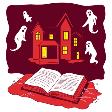 A red spooky haunted mansion is set against a dark backdrop, its windows glowing with an eerie yellow light emanating from within. Ghostly apparitions float around the mansion, their forms semi-transparent and wispy, adding to the haunting atmosphere. In the foreground, an open book lies on an ancient wooden table, with cobwebs extending from its pages, creating a sense of mystery around the text. The cobwebs catch the light, appearing almost luminescent in the dim surroundings. The overall scene conveys a chilling yet intriguing glimpse into a world of spirits and forgotten tales.