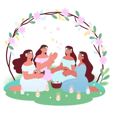 A group of sisters is gathered in a lush green meadow adorned with colorful wildflowers. Each sister is wearing a delicate flower crown made of vibrant blossoms, showcasing various shades of pink, yellow, and white. They are engaged in a ritual, with one sister holding a small, decorated wooden bowl filled with petals, while another is gently scattering flowers into the air. The sisters are dressed in flowing, pastel-colored dresses that sway with the breeze. Surrounding them are small candles placed on the ground, creating a warm and inviting atmosphere. A large arch made of intertwined branches and flowers is visible in the background, setting a festive scene for the ceremonial spring event.