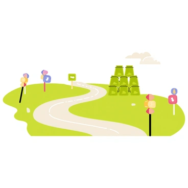 A winding road that curves through a green landscape. Along the sides of the road, there are multiple colorful signs with arrows pointing in the direction of a large pile of money bags. The money bags are stacked high, showing various denominations, and are placed at the end of the road, creating a focal point. The sky above is bright with a few fluffy clouds scattered across.