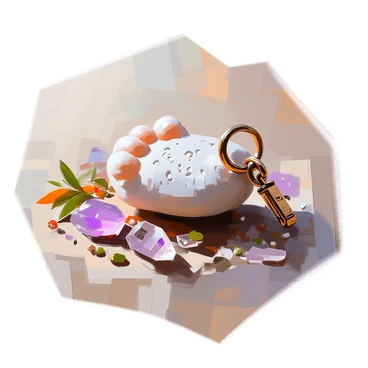 A vintage-style illustration of a rabbit's foot charm lies on a richly textured wooden surface. The charm is depicted in detail, showcasing the soft fur with subtle shades of gray and cream, enhancing its authentic appearance. It is adorned with a small, worn brass key ring that reflects a warm golden hue. Delicate engravings on the surface of the charm hint at its age and history, while a faint patina adds an antique quality. Surrounding the charm are scattered dried herbs and tiny crystals, emphasizing its use as a good luck talisman.