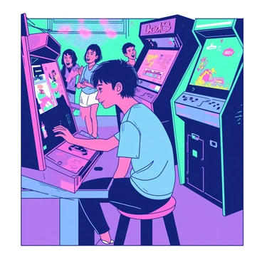 A teenager with short black hair is sitting on a stool in a brightly colored arcade filled with various gaming machines. The teenager is intently focused on a vibrant screen, with their fingers moving rapidly over a game controller. The room is illuminated by neon lights in shades of teal and pink, casting colorful reflections on the teenager's face. Around them, other arcade machines display different games, and a group of friends can be seen laughing and cheering in the background. The atmosphere is lively, filled with the sounds of video games and cheerful chatter.