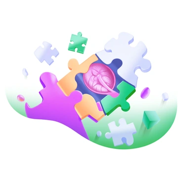 A close-up view of several jigsaw puzzle pieces in various colors and shapes. The pieces are in the process of fitting together, revealing a detailed and intricate image of a "blood vessel" as they connect. The surrounding area is filled with scattered, incomplete puzzle pieces, highlighting the puzzle's progress. Soft shadows are cast beneath the pieces, emphasizing their three-dimensional form. The background is a light pastel color, complementing the vivid hues of the puzzle pieces and the emerging image.