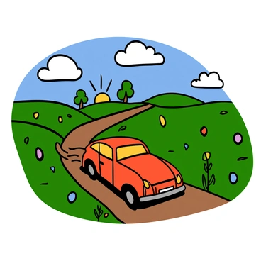A car with a shiny red exterior is driving away on a narrow rural lane. The lane is flanked by lush green fields on either side, dotted with wildflowers in various colors. The sky above is clear with a few fluffy white clouds, and the sun casts warm light onto the scene. In the distance, there are a few trees lining the horizon, and a dirt path winds through the fields, enhancing the rural charm of the setting. The car's tires are kicking up a bit of dust as it speeds away, capturing a sense of movement and freedom.
