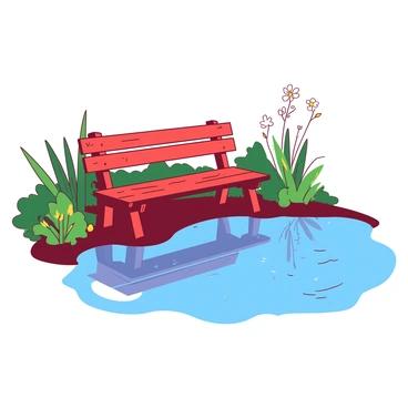 A bright red wooden bench is positioned at the edge of a calm pond. The bench has a smooth, polished surface, and its slats are slightly weathered, indicating it's been there for some time. The pond is surrounded by lush greenery, with tall grass and small wildflowers in shades of white and yellow growing nearby. The water reflects the clear blue sky above, creating a tranquil scene. A few delicate ripples distort the reflection, suggesting a gentle breeze is present.
