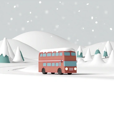 A red double-decker bus, with snow accumulating on its roof and windows, is driving through a vast snowy landscape. The bus is rolling on a white road surrounded by snow-covered trees and gentle hills in the background. Snowflakes are gently falling from the gray sky, creating a serene atmosphere. The bus's headlights are on, illuminating the path ahead as it makes its way through the winter wonderland.