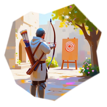 An archer stands in a medieval courtyard, focusing intently on a target. The archer is wearing traditional medieval attire, complete with leather armor and a tunic. A quiver full of arrows is slung over their shoulder, filled with fletched arrows. The courtyard features stone walls and cobblestone flooring, surrounded by green vines and small flowering plants. In the background, a wooden target is set up, ready for the archer to aim at. The scene is illuminated by soft sunlight filtering through the trees surrounding the courtyard.