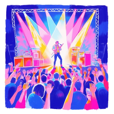 A concert scene features a large stage with vivid bright flashing lights illuminating the performers. The crowd is visible, with enthusiastic fans raising their hands and enjoying the music. The lead singer is in the center, holding a microphone with a powerful stance. Surrounding the stage are amplifiers and musical instruments. Colorful beams of light crisscross the space above, creating a dynamic atmosphere. Some fans are holding up their phones to capture the moment.