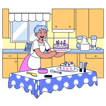 A warm kitchen with wooden cabinets and a checkered floor. A baker with a white apron is standing at a table, joyfully decorating a round cake with colorful icing. The cake is white with vibrant swirls of blue, pink, and yellow icing on top. On the table, there are various cake decorating tools, including spatulas and piping bags. Sunlight streams in through a window, illuminating the scene.
