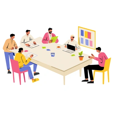 A large rectangular table is surrounded by a diverse team of designers engaged in a brainstorming session. The designers, consisting of three men and two women, are seated on colorful chairs. One designer is sketching ideas on a notepad, while another is typing on a laptop. Colorful sticky notes are scattered across the table, and a mood board featuring various cover designs is propped up nearby. A coffee cup and a potted plant are also placed on the table, adding to the lively atmosphere of the creative workspace.
