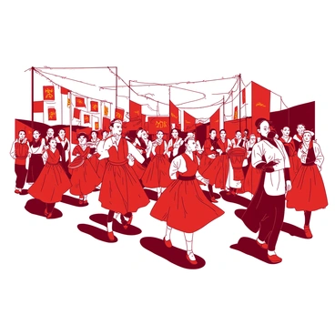 A red parade is filled with participants wearing colorful traditional costumes. Each costume features intricate patterns and embroidery, showcasing a variety of cultural heritage. Some participants are dancing joyfully, while others are playing musical instruments like drums and flutes. Colorful banners and flags are being waved throughout the crowd, adding to the festive atmosphere. The sky above is clear, providing a bright backdrop for the lively scene.